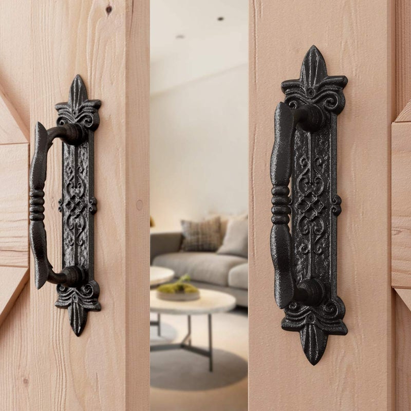 SMARTSTANDARD Heavy Duty 9" Antique Barn Door Handle Set of 2, Large Rustic Carved Door Pull, for Gates Garages Sheds, Black Powder Coated Finish - Image 4